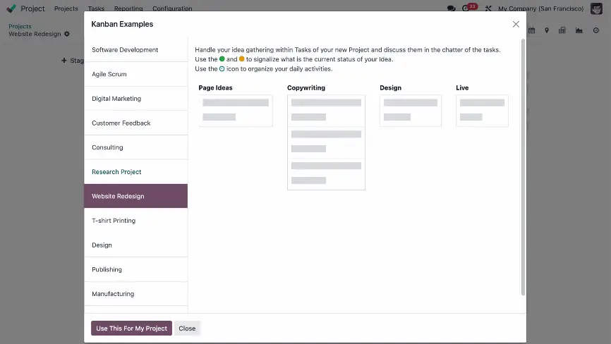 Define Stages: Customize Kanban stages (e.g., To Do, In Progress, Done) to match your workflow.